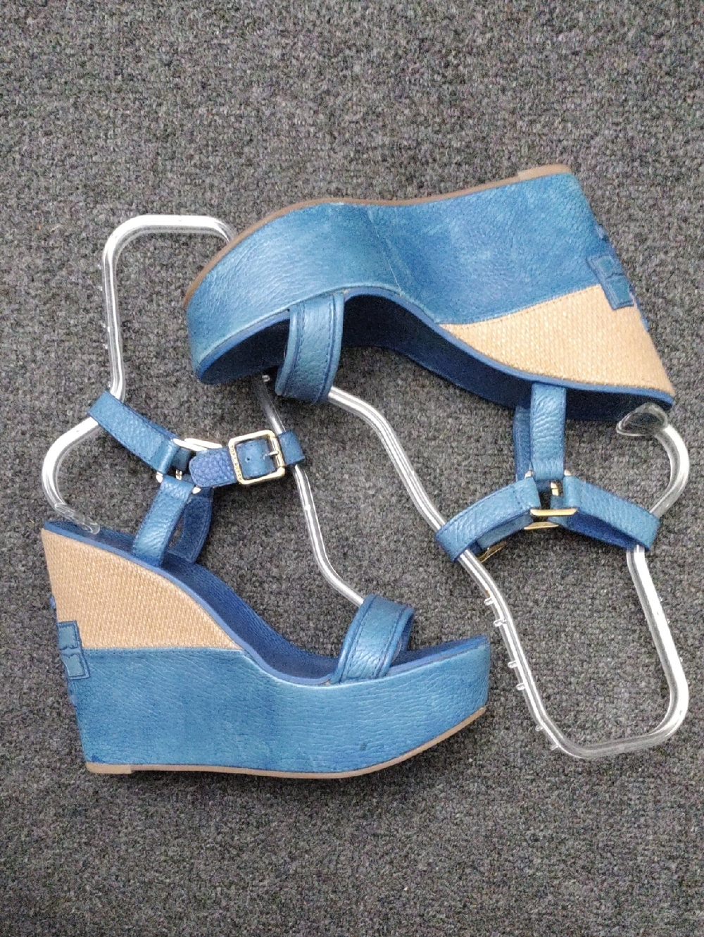 Tory Burch Blue Leather Wedge Sandals with Natural Raffia Accent - Picture 3 of 10